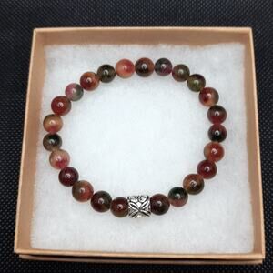 Artisan Peacock Agate Beaded Bracelet Stretch Gemstone Tibetan Silver Floral NEW